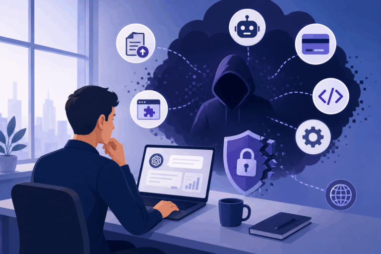 Modern enterprise illustration showing an employee using AI tools at work while hidden AI risks emerge in the background through connected icons representing unauthorized AI usage, data exposure, coding assistants, browser extensions, and governance concerns.