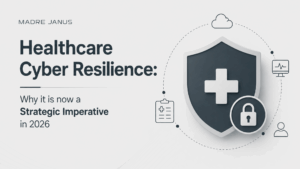 Minimalist featured image illustrating healthcare cyber resilience in 2026 with medical shield, cybersecurity icons, and premium grey design representing patient care protection and cyber resilience.